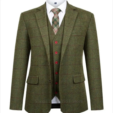 Riolio fashion suits for men 3 Piece Green Woolen Plaid Men Suits Slim Fit Wedding Groom Tuxedo Notch Lapel Business Party Set Costume Homme Jacket Vest Pant